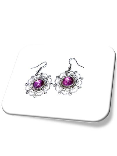 Boucle D'oreille  métal argenté et soie <br> (Réf 1002)