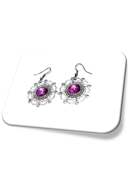 Boucle D'oreille  métal argenté et soie <br> (Réf 1002)